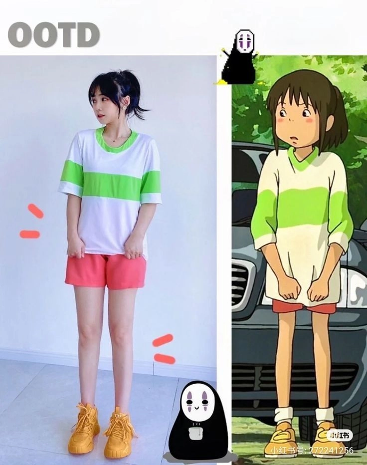 Chihiro cosplay costume nổi bật với áo hồng và quần đỏ