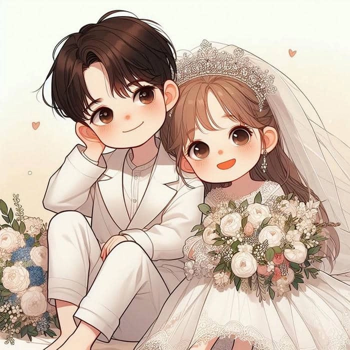 Cô dâu chú rể chibi dễ thương phong cách hoạt hình độc đáo
