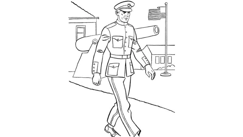 Tranh tô màu chú bộ đội cầm súng dạy bé lòng dũng cảm và yêu nước