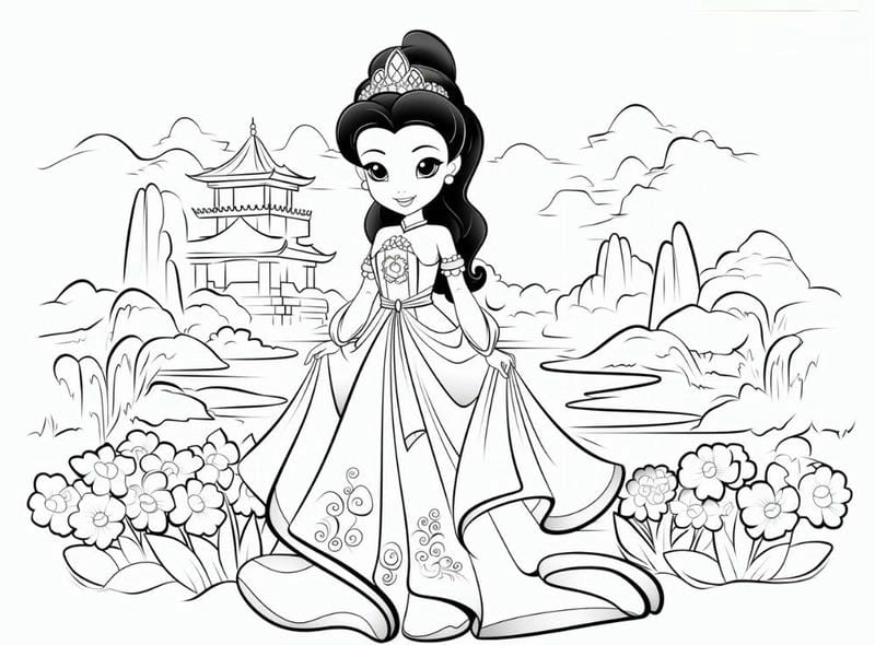 Tranh tô màu công chúa anime cổ trang mang nét đẹp kiêu sa