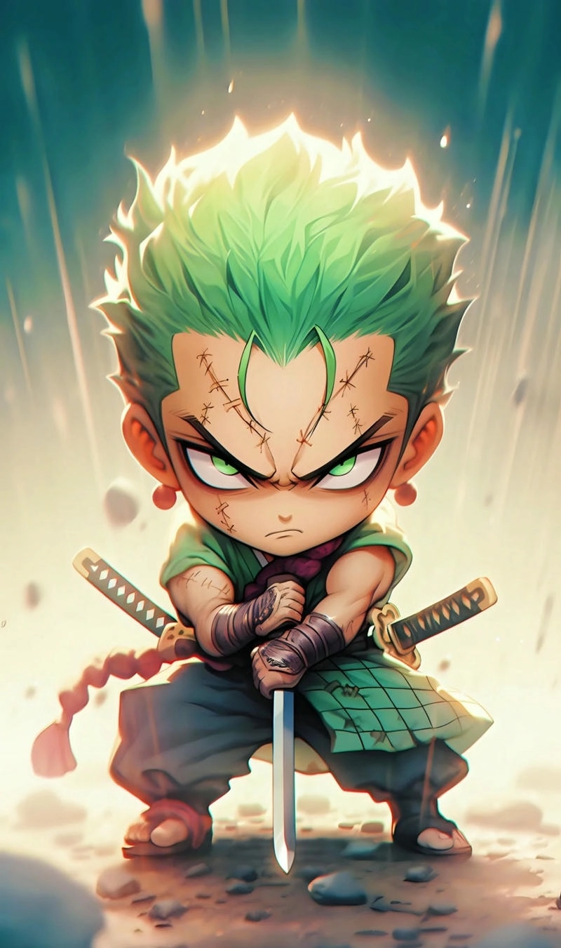 Zoro cầm kiếm tư thế sẵn sàng hạ gục kẻ địch