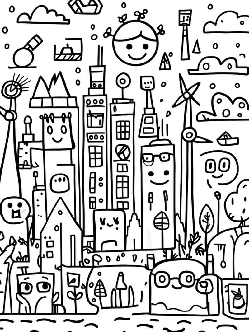 Ngắm nhìn tranh thành phố đơn giản dễ thương