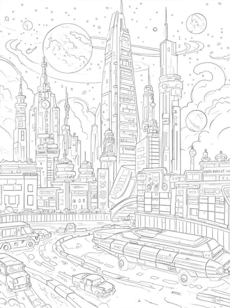 Tô màu không khó với vẽ cảnh thành phố đơn giản cho bé