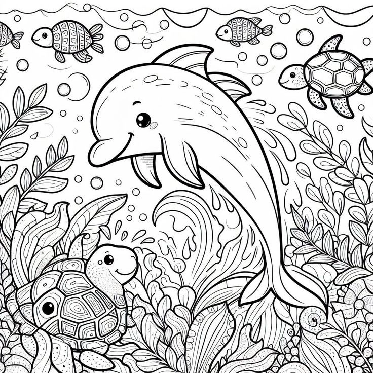 Khám phá biển cả với tranh tô màu con cá heo và san hô